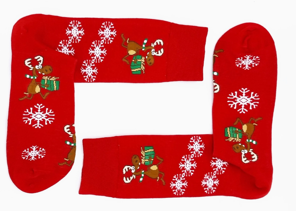 Snazzy Santa julestrømper – Røde sokker med rensdyr & snefnug 🎅