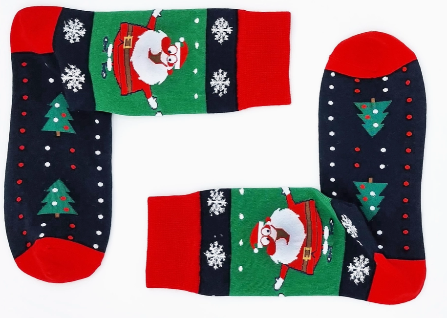 Snazzy Santa julestrømper – Julemand med juletræ & snefnug 🎄