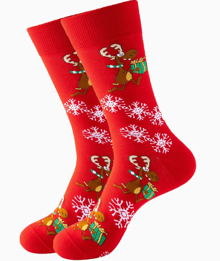 Snazzy Santa julestrømper – Røde sokker med rensdyr & snefnug 🎅