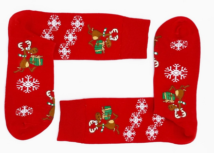Snazzy Santa julestrømper – Røde sokker med rensdyr & snefnug 🎅