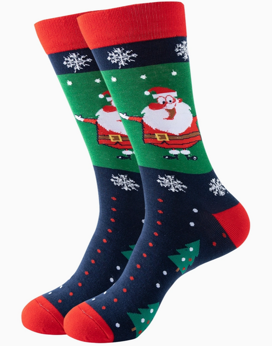 Snazzy Santa julestrømper – Julemand med juletræ & snefnug 🎄